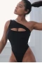 Women's Black Ribbed Cut-out One Shoulder Bodysuit