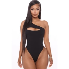 Women's Black Ribbed Cut-out One Shoulder Bodysuit