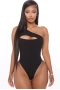 Women's Black Ribbed Cut-out One Shoulder Bodysuit