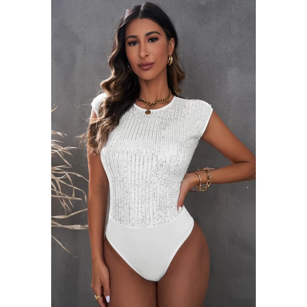 Women's White Crew Neck Sleeveless Sequin Bodysuit