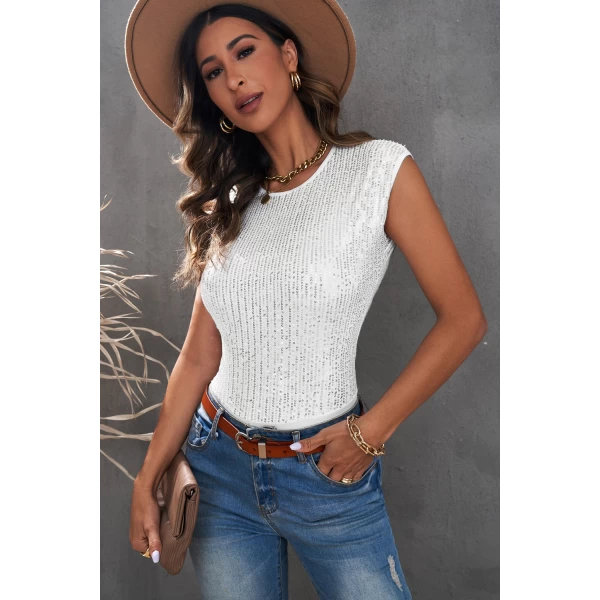 Women's White Crew Neck Sleeveless Sequin Bodysuit