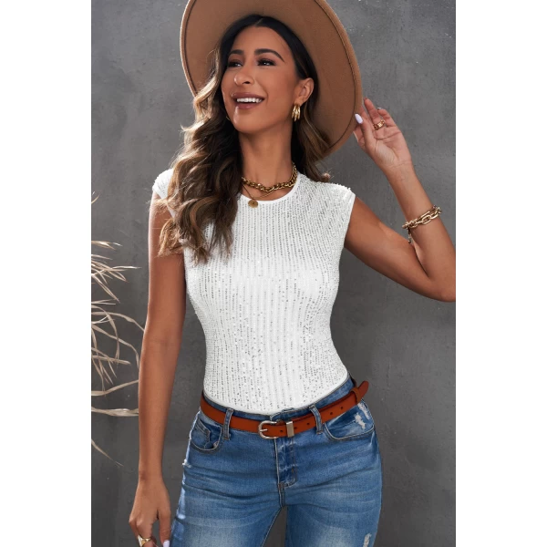 Women's White Crew Neck Sleeveless Sequin Bodysuit