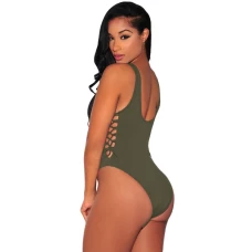 Women's Army Green Lace up High Cut Bodysuit