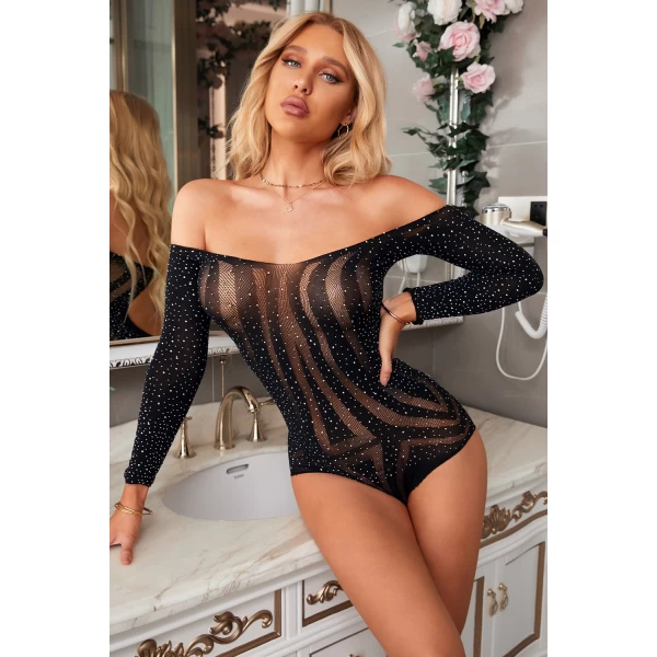 Women's Black Rhinestone Long Sleeve Mesh Bodysuit