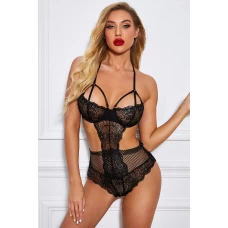 Women's Black Fishnet Lace Hollow-out Bodysuit