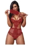 Women's Red Fishnet Lace Hollow-out Bodysuit