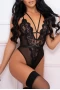 Women's Black Lace Plunge High Leg Lingerie Bodysuit