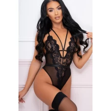 Women's Black Lace Plunge High Leg Lingerie Bodysuit