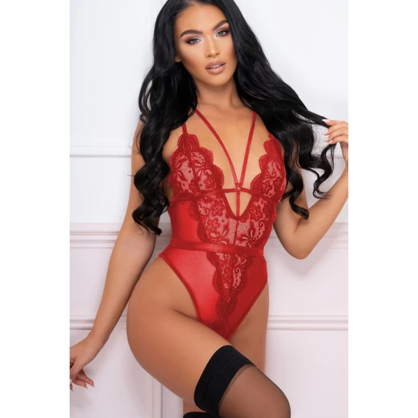 Women's Red Lace Plunge High Leg Lingerie Bodysuit