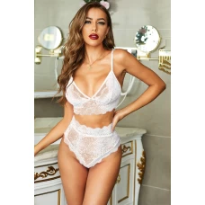 Women's White Strappy Lace High Waist Bralette And Panty Lingerie Set