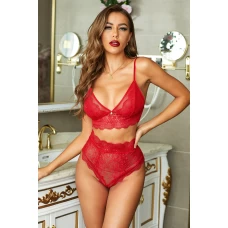 Women's Red Strappy Lace High Waist Bralette And Panty Lingerie Set