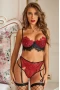 Women's Red Spaghetti Strap Eyelash Lace 3 Piece Lingerie Set