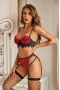 Women's Red Spaghetti Strap Eyelash Lace 3 Piece Lingerie Set