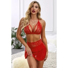 Women's Red Fan-shaped Lace Ruffled Mesh 3 Piece Lingerie Set