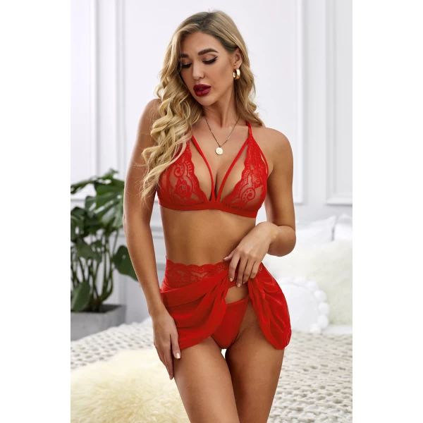 Women's Red Fan-shaped Lace Ruffled Mesh 3 Piece Lingerie Set