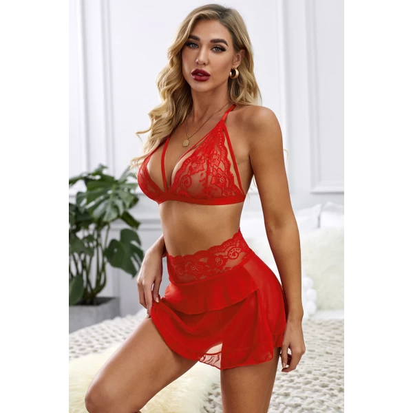 Women's Red Fan-shaped Lace Ruffled Mesh 3 Piece Lingerie Set