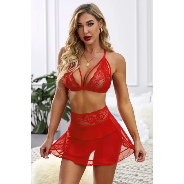 Women's Red Fan-shaped Lace Ruffled Mesh 3 Piece Lingerie Set