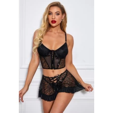 Women's Black Floral Lace Cami Skirt 3 Piece Lingerie Set