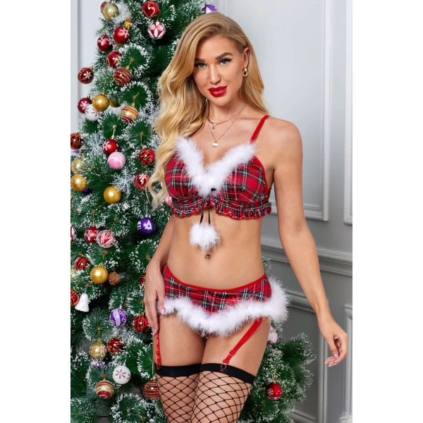 Women's Red Plaid Feather Trimming Christmas Costume