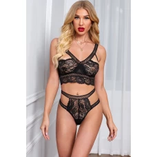 Women's Black Hollow-out Floral Lace Lingerie Set