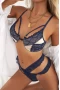 Women's Blue Lace Strappy Cut-out Bralette Set