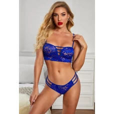 Women's Blue Spaghetti Straps Hollow-out Lace Lingerie Set