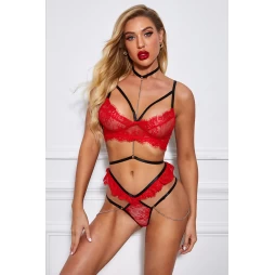 Women's Red Backless Eyelash Choker Strap Trim Lingerie Set