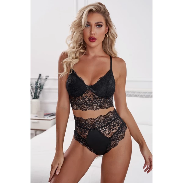 Women's Black Crochet Lace Splicing Lingerie Set