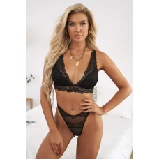 Women's Black V Neck Lace Top And Thong Lingerie Set