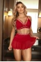 Women's Red Lace Mesh Sheer Skirt 3 Piece Lingerie Set