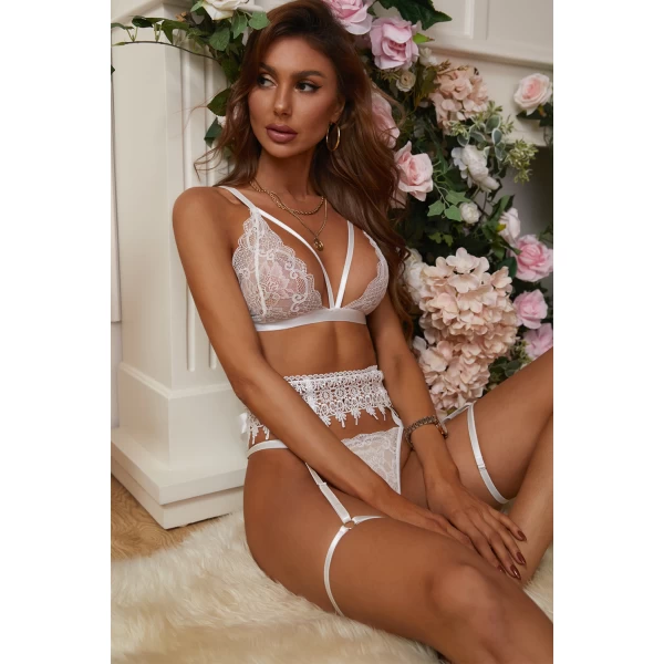 Women's White Lace Up 3 Piece Lingerie Set