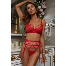 Women's Red Lace Hollow-out 3 Piece Lingerie Set