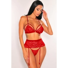 Women's Red Lace Strappy 3 Piece Lingerie Set
