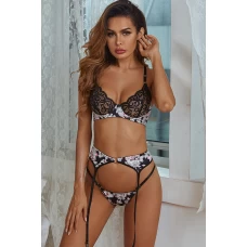 Women's Black Floral Lace Sexy Splicing 3 Piece Lingerie Set