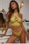 Women's Yellow Lace Longline Halter Bra And Thong Lingerie Set