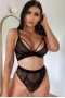 Women's Black Criss Cross Lace Mesh Splicing Lingerie Set