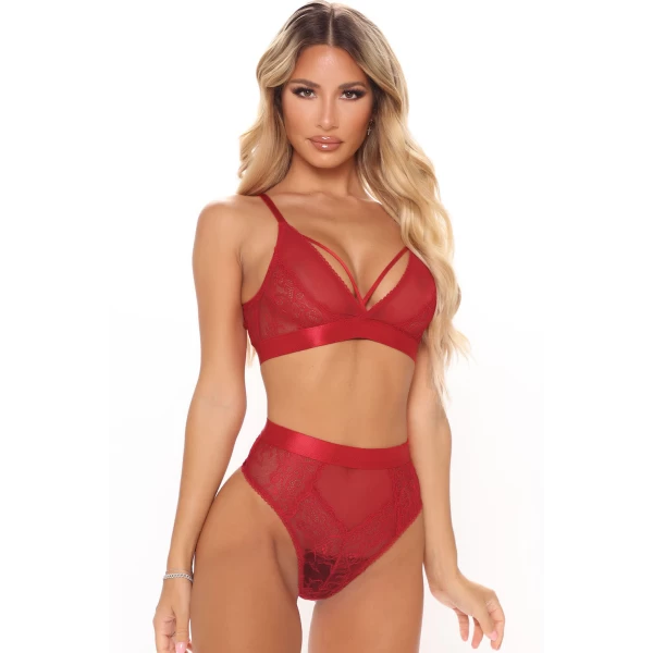 Women's Red Criss Cross Lace Mesh Splicing Lingerie Set