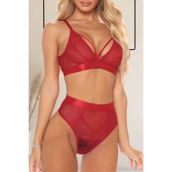 Women's Red Criss Cross Lace Mesh Splicing Lingerie Set