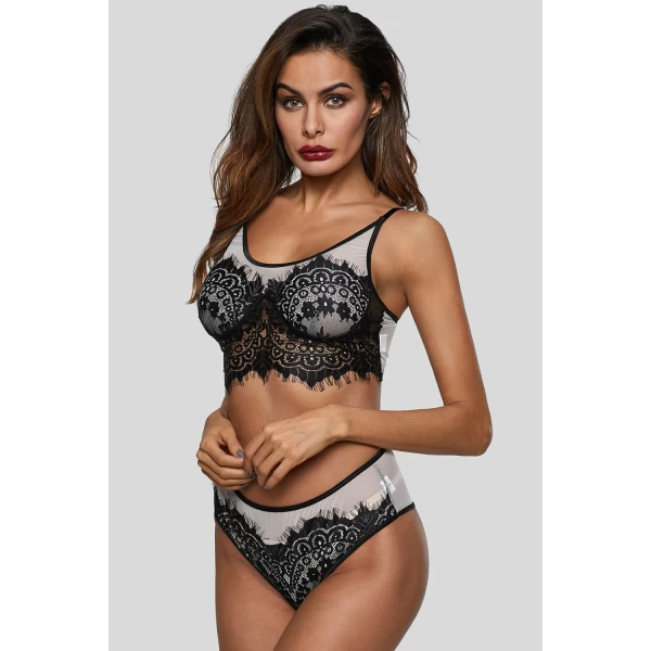 Women's Eyelash Lace Sheer Mesh 2 Piece Lingerie Set