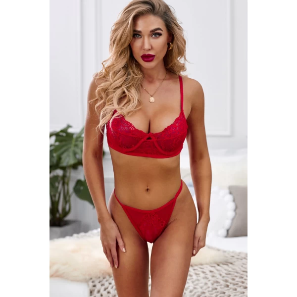 Women's Red Blossom Bralette And Thong Lingerie Set