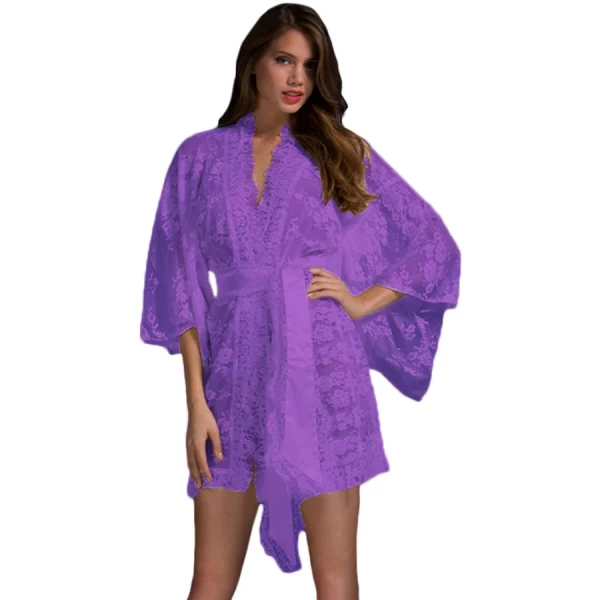 Women's Purple Belted Lace Kimono Robe