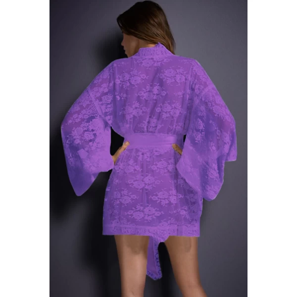 Women's Purple Belted Lace Kimono Robe