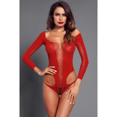 Women's Red Cutout Detail Long Sleeve Off Shoulder Teddy