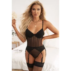 Women's Black Lace Mesh Patchwork Back Hollow-out Teddy with Garter Belt