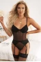 Women's Black Lace Mesh Patchwork Back Hollow-out Teddy with Garter Belt