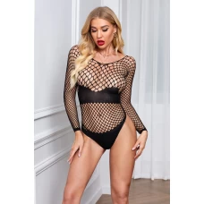 Women's Black Fishnet Hollow-out Shadowed Long Sleeves Teddy