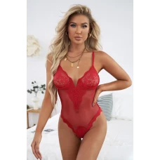 Women's Red Lace Mesh Patch Teddy