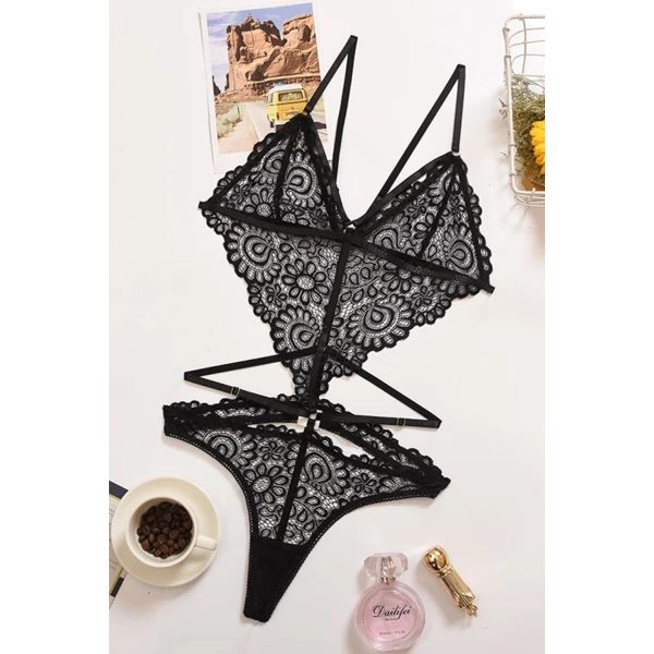 Women's Black Strappy Hollow-out Backless Lace Teddy