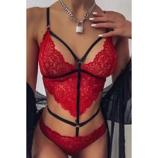 Women's Red Strappy Hollow-out Backless Lace Teddy