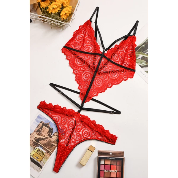 Women's Red Strappy Hollow-out Backless Lace Teddy